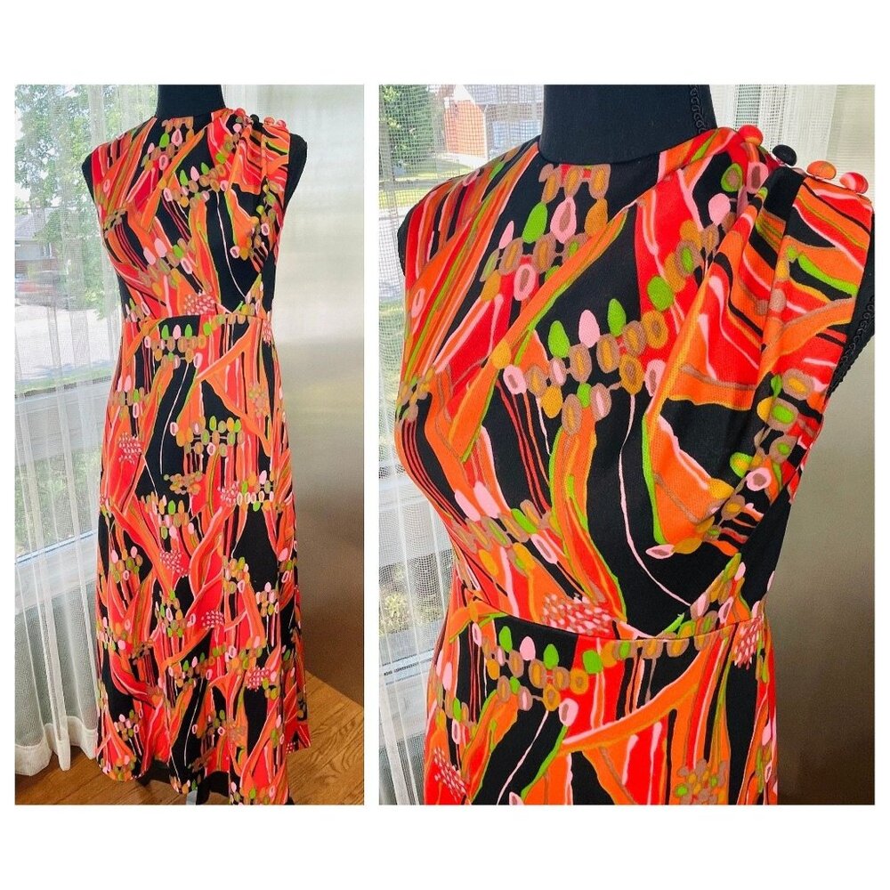 Vintage 60s dress, MOD orange green black large abstract pattern,